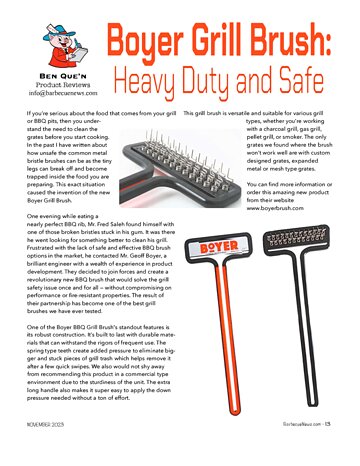 Barbecue News Magazine review of the Boyer Grill Brush, November 2023